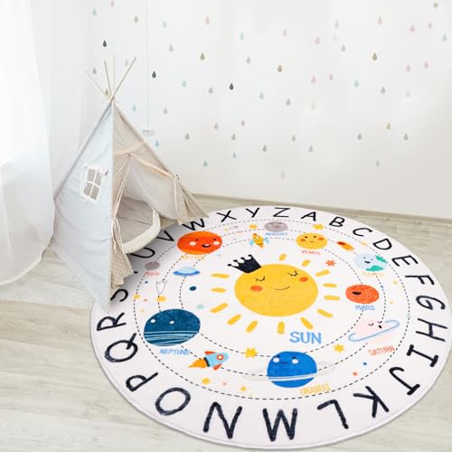 AKUNRUG Kinderteppich Rund,160CM ABC Alphabet Spielteppich Kinder,Antirutsch Waschbar Niedlich Planeten des Sonnensystems Teppich Kinderzimmer,Pädagogischer Kinderzimmer Teppiche für Junge Mädchen