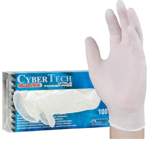 CyberTech – Nitril-Handschuhe (100 Stück), puderfrei, unsteril, weiße Untersuchungshandschuhe, XS