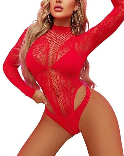 Sniff Rose Damen Blumen Fishnetz Teddy Body Babydoll Hochgeschnürter Netz Babydoll Dessous Rückenfrei Langarm Clubbekleidung Top Leotard (Rot)