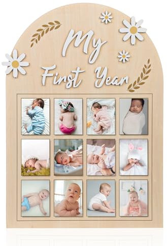 NQEUEPN Bilderrahmen Mein Erstes Jahr, 3D-Gänseblümchen Fotoanzeige für das Erste Jahr des Babys Monatliches Fotobanner Holzbrett 12 Monate Geschenk für Neugeborene Erinnerungen an den 1. Geburtstag