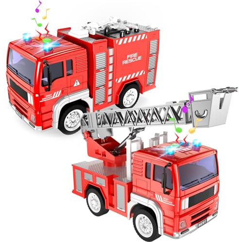 TOYABI Fire Engine Toys, 2Pcs Fire Truck Toy with Lights and Sounds, Durable Realistic Large Firetruck, Birthday Christmas Party Gift for Kids 3 4 5 6 7 8 Year Olds