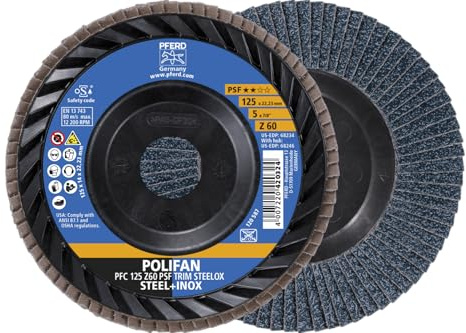 PFERD TOOLS POLIFAN Fächerscheibe 125 mm Zirkonkorund Z60 – PSF TRIM STEELOX für Stahl & Edelstahl (INOX), Form PFC/B/T29, Ø 22,23 mm Bohrung, Fächerscheibe für Winkelschleifer, 10 Stück