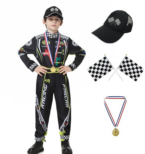 KUKIKUKI Rennwagenfahrer Kostüm Jungen Racer Overall mit Auto Kappe Kinder verkleiden sich für Halloween (Schwarz, 150)