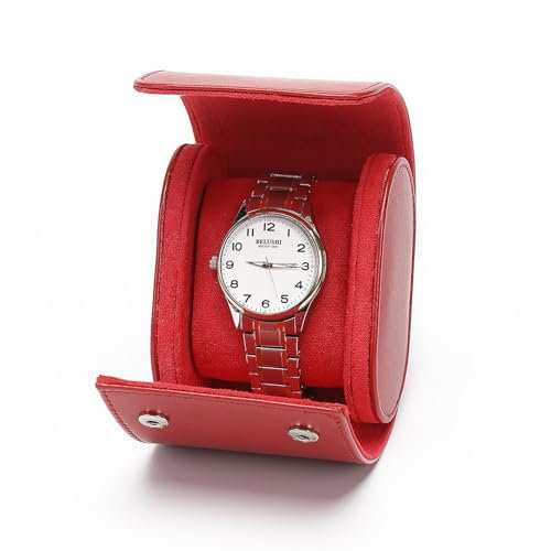 WisePoint Uhrenbox, PU-Leder-Uhrengehäuse, einzelne Uhren-Vitrine, tragbare Uhren-Display-Aufbewahrungsbox, Uhrenrolle, Reiseetui mit abnehmbarem Kissen (rot)