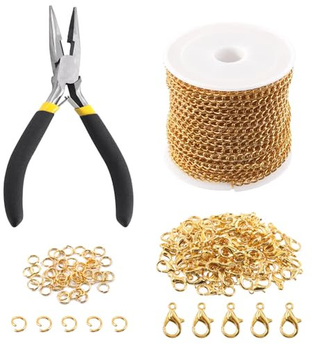 Keadic 102Pcs 30 Feet Schmuck machen Ketten Kit W 3mm Metall Halskette verdreht Links Kette, Karabinerhaken, offene Sprung Ringe und Schmuck Zangen für Armband Ohrring Fußkettchen DIY (Gold)