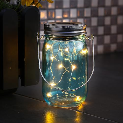 LED Solar Glas - Windlicht - mit Drahtlichterkette - Lichtsensor - H: 14cm - D: 8cm - blau
