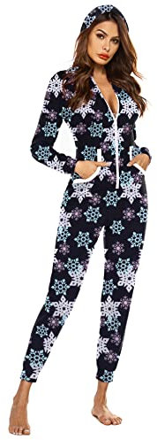 Ekouaer Damen Jumpsuit Onesie Overall Einteiler Pyjamas One Piece Schlafanzug mit Kapuze & Reißverschluss, PAT4 Schneeflocke, M