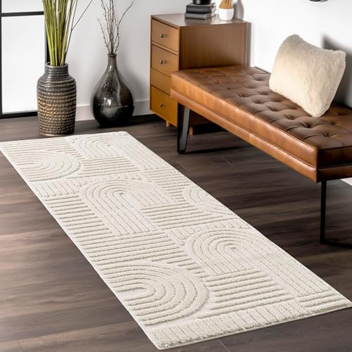 Teppium Kurzflor Teppich Läufer 80 x 250 cm Creme Hochtief 3D Effekt - Flauschig, Extra Weich und Waschbarer Teppich Boho Muster - Teppich für Wohnzimmer, Schlafzimmer, Esszimmer und Küche