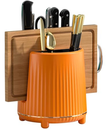 Jumuao Plastic Kitchen Utensil Holder, 360° Rotating Cutlery Basket with Drainage Base, Kitchen Utensil Holder for Countertop, Cutlery, Drainer Tray for Storing Knives, Forks and Spoons (Orange)