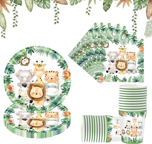 Jungle Animaux Vaisselle Anniversaire, Fournitures Fête D'anniversaire Enfants pour 20 Invités, Vaisselle de Fête Verts,Assiettes, Gobelets, Serviettes,pour Anniversaire Décoration de Fête Baby Shower