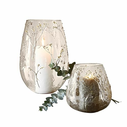 Loberon Windlicht 2er Set Elorisse, Zwei Größen, fein Eingearbeitete Trockenblüten, Romantischer Look, Mundgeblasen, Dekoration, Wohn-Accessoires, Glas, klar/gelb