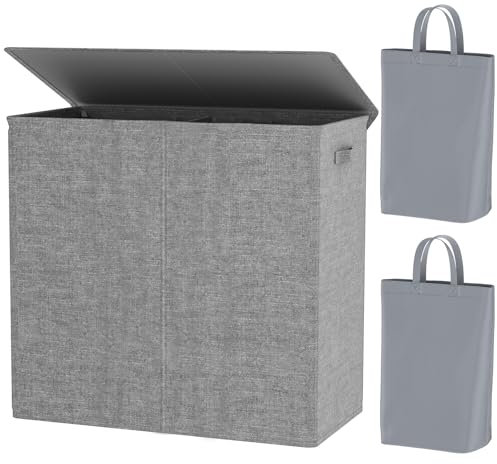 Chrislley Doppelter Wäschekorb mit Deckel und herausnehmbaren Wäschesäcken, groß, faltbar, 2 Trennwände, Wäschekorb mit Griffen für Schlafzimmer, Waschküche, Schrank, Badezimmer, Uni, 154 l