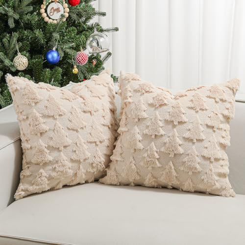 Lewondr Federa per Cuscino Decorativa, 45x45cm 2 Pezzi Copricuscino Natalizio con Ricamo Albero di Natale Fodera per Cuscino per Divano Decorazioni per Natale, Avena