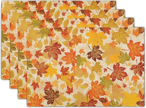 4er Set Platzset Herbst Tischset Herbst Leinen Platzdeckchen 30x45cm Herbst Tischsets mit Kürbis Ahornblätter Herbstdeko Halloween Tischsets (06)