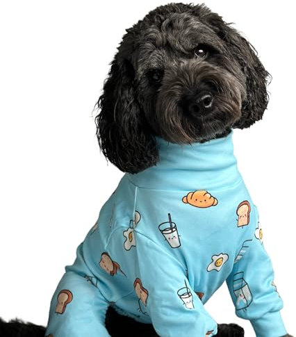 Spark Paws Hundepyjama, ultraweich und 4-Wege-Stretch, Erholungsanzug nach Operation, Schlafanzug Onesie für Kleine, Mittlere und Große Hunde - Breakfast Blue - M
