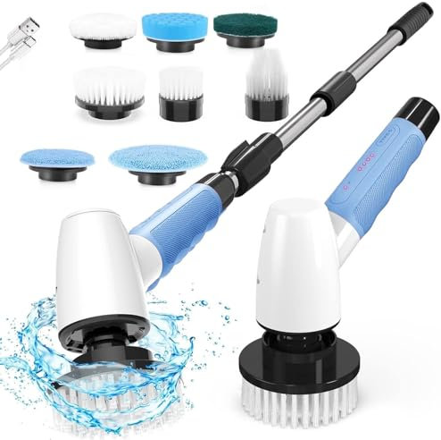 Cordless Electric Spin Scrubber,Cleaning Brush Scrubber for Home,400RPM/Mins,90Mins Work Time,8 Replaceable Brush Heads,3 Adjustable Size,2 Adjustable Speeds for Bathroom Shower Bathtub Glass Car