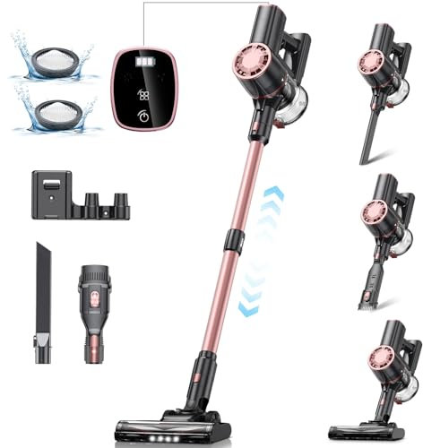Vexilar Aspirateur Balai sans Fil V8PRO, Aspirateur sans Fil Puissant 35Kpa, 40 Min d'Autonomie, Écran LED, Filtration Cyclonique 4 Étapes, Aspirateur Balai pour Sols Durs/Tapis -Rose