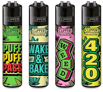 Clipper Feuerzeuge, Set mit 4 Stück, außergewöhnliche Motive (Weed Statements #7)