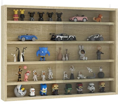 HOMCOM 5-Tier Wall Display Shelf Unit Cabinet w/ 4 Adjustable Shelves Glass Doors Home Office Ornaments 60x80cm Oak