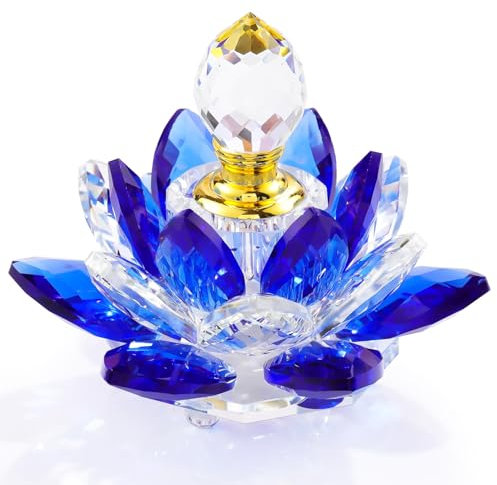 YWHL Mini botellas de perfume de loto de cristal azul, pequeña botella de perfume recargable de cristal vintage, figuras de flor de loto, regalos para esposa y novia, figuras de loto hechas a mano