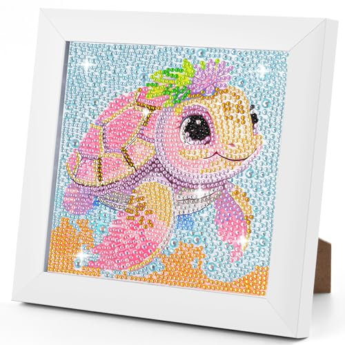 WuGU Diamond Painting Niños, DIY Pintura Diamante 5D con Marco de Madera, Juego Cuadros de Diamantes Cartoon, Regalos y Manualidades Niños Niñas 6 7 8 9 10 11 12 Años (Tortuga 18x18cm)