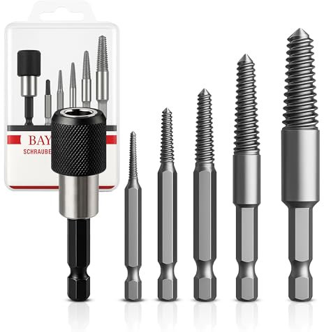 BAYERTAL® Juego de extractores de tornillos 6 piezas E6.3 - Extractor izquierdo con portapuntas de cambio rápido - Destornillador + extractor para tornillos dañados y atascados
