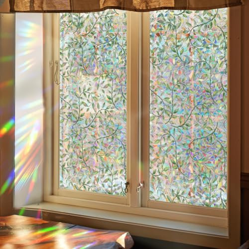 GORGECRAFT 100x43cm Leaves Vine Rainbow Window Privacy Film Large 3D Sun Blocking Stained Window Glass Decorative Window Cling Non-Adhesive Static UV Decals Reusable Sticker for Room Home