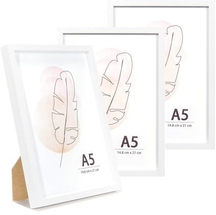 KAIWIN Bilderrahmen A5 Weiß Holz Fotorahmen 3er Set MDF mit Acrylglas zum aufhängen und aufstellen Benutzt für Wohnzimmer, Schlafzimmer, Arbeitszimmer, für Fotos, Kunstwerke und Poster