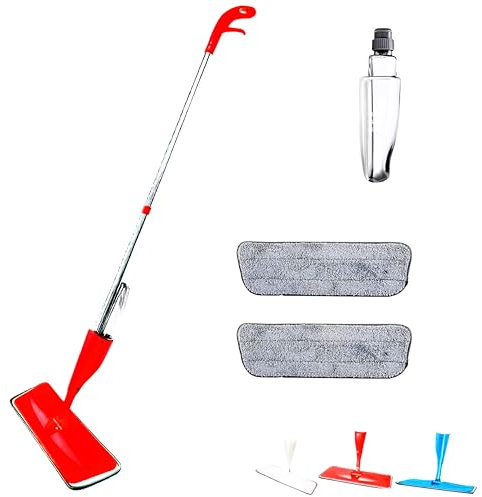 Sprühwischer – Bodenwischer mit Sprühfunktion & Nachfüllbarem Wassertank – 360° Drehbarer Wischmopp für Laminat, Fliesen & Parkett – Mit 2 Waschbaren Mikrofaserpads (Rot)