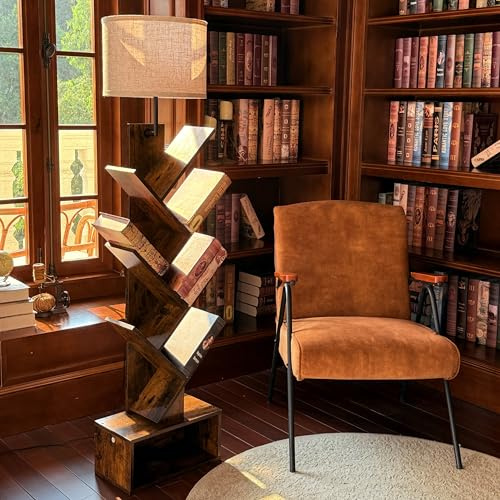 LuminexDesigns Stehlampe Wohnzimmer mit Regal – Vintage Holz Stehleuchte mit Stoffschirm, Baumform Bücherregal 8 Ebenen, Retro Standleuchte Schlafzimmer 145cm, Braun, E27, Fußschalter, ohne Birne