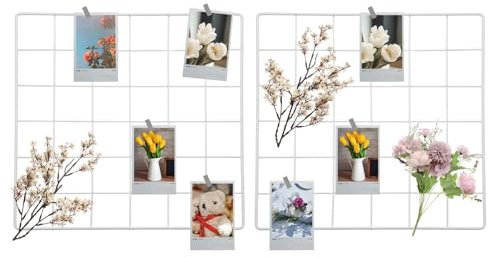sourcing map 2Pcs Wire Wall Grid Panel, 12 x 12 Metal Photo Hanging Display Grid Shelf Decorative Gridwall Wire Board Organizer with Hook for Art Display Frame Home Decor, White