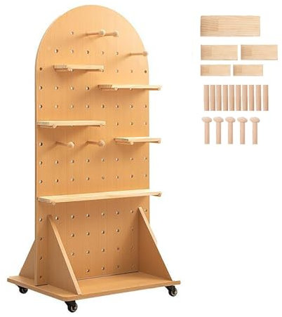 FDQAMLKX Kit de Panneau perforé en Bois autoportant avec roulettes – 23,6 x 47,2 Pouces pour Salle de Bricolage, Grand Organiseur de Panneau perforé Mobile