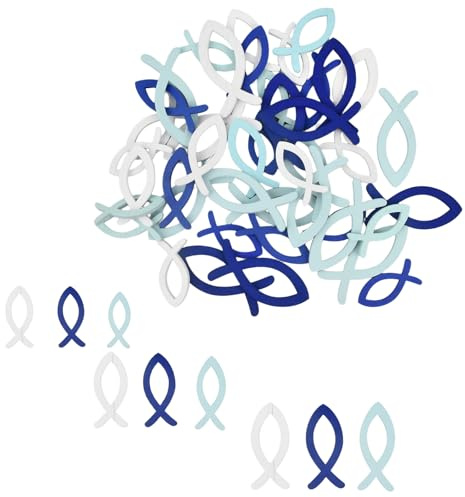 90 Stück Holz Fische Streudeko Tischdeko, Holz Fisch Deko, Holzfisch Verzierung für Taufe, Kommunion, Konfirmation Weihnachten Geburtstag– Tischdekoration für Jungen und Mädchen – 3 Größen (Blau)
