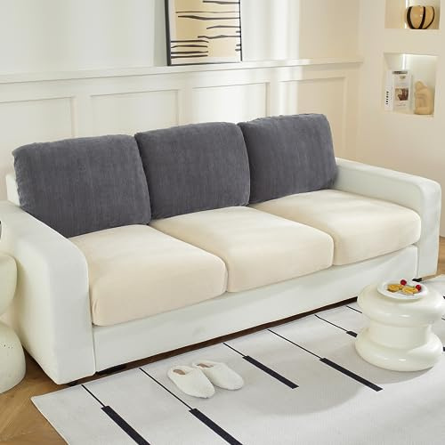WEYOND Stretch Sofa Sitzkissenbezüge aus Chenille – Waschbarer Sofa Überzug, Sofabezug & Couch Überzug, Rutschfestes Couch Cover für L-förmige Ecksofas (3er Set Rückenkissen, Dunkelgrau)