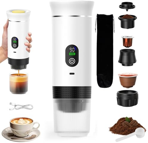 VHV - Cafetera portátil 3 en 1, recargable portátil de viaje, 12 V espresso para cápsula, café molido, para camping, oficina, viaje, casa, coche, color blanco