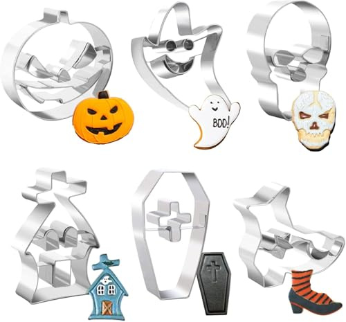 Ausstechformen-Set aus Edelstahl, 6-teilig, Kürbis, Totenkopf, Geist, Jagdhaus, Stiefel und Sarg Ausstechformen für Halloween-Party-Dekorationen (Halloween)