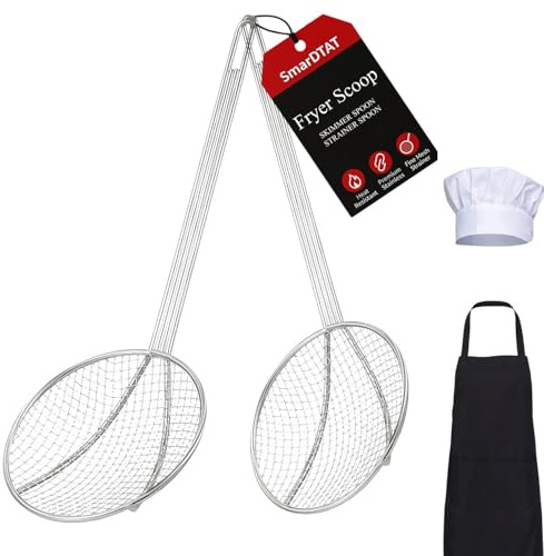 2PCS Fryer Scoop Skimmer Spoon Strainer Spoon Kitchen Spider Frying Spoon Strainer and Utensil for Deep Fryer with Basket, Deep Fryer Cooking, Wok Fry Ladle Spoons with Handle, Asian Spatula Utensils