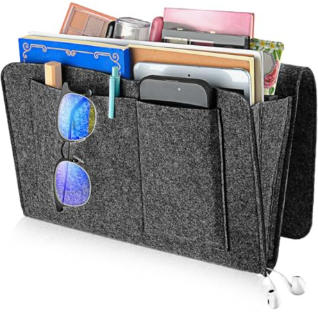 Filz Betttasche 20×32cm Betttasche zum Einhängen für Handy, Brille, Buch | Bett Organizer zum Einhängen 5 Fächer, Filz Bett Caddy Organizer Anti-Rutsch Aufbewahrungstasche (Dunkelgrau)