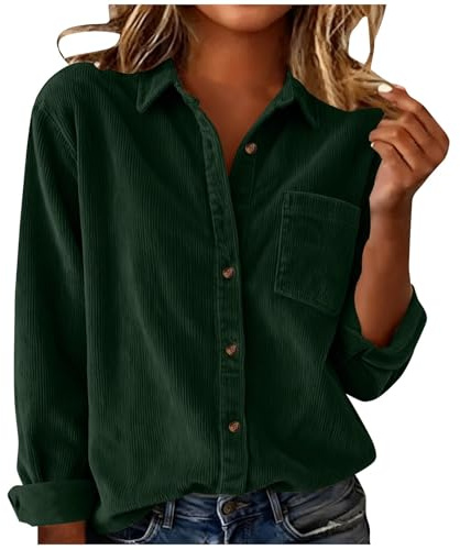 SYDUZAX Cordhemd Damen Bluse Langarm Cordbluse Lässiges Hemdbluse Oversized Cordjacke Button Down Corduroy Bluse Casual Cord Hemd mit Tasche Einfarbig Hemdbluse Vintage Elegante Blusen S-XXL