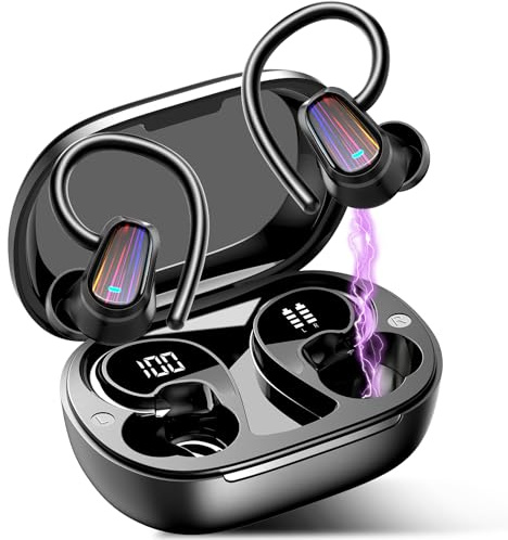 OYIB Wireless Earbuds Sport, Mini Bluetooth 5.4 Headphones with 4 ENC Mic, 50H Playtime Wireless Headphones with Earhooks, LED Display, IP7 Waterproof Earphones for Running/Gym, Black