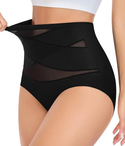 UMIPUBO Underwear Knickers Women High Waisted Panties Womens Ladies Full Coverage Slight Tummy Control Pants Mesh Full Briefs Soft Basic Stretch Underpants (Black, L)