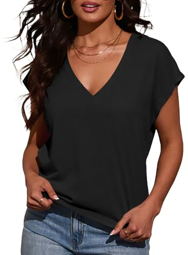 INFITTY T Shirts for Women UK Summer Short Sleeve Ladies Tops Going Out Tops Basic Blouse V Neck Top Trendy
