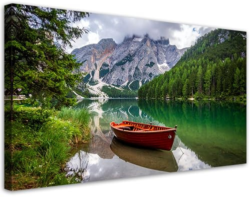 Feeby Bilder - Foto Geschenk - See Boot Berge Landschaft - 120x60 1tlg - Leinwandbilder Wohnzimmer - Wandbild über dem Bett - Bild Schlafzimmer - Aesthetic Zimmer Deko - Modern Pictures