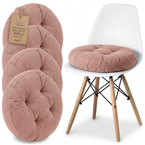 Sitzkissen Rundes Sitzpolster 4er Set 40 cm aus Cord waschbar – Stuhlkissen & Bodenkissen Sitzpolster Stuhlauflage für Esszimmer Wohnzimmer Küche Sitzbank & Hocker Rosa