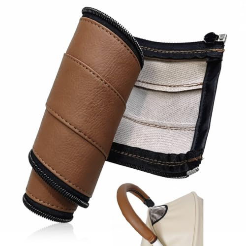Androxeda Griffschutz für Kinderwagen (Braun, PU Leder) – Weicher Griff, Langlebig & Einfach Anzubringen, Passend für 55x12 cm Griffe