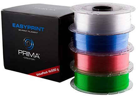 PrimaCreator EasyPrint 3D Drucker Filament - PETG - Value Pack - 1.75mm - 4x 500 g (Total 2 kg) - Clear, Rose, Light Blue, Green, PC-EPETG-175-4x0500-STD, Transparentklar, -rosa, -blau, -grün, 1.75mm - 0.5 KG
