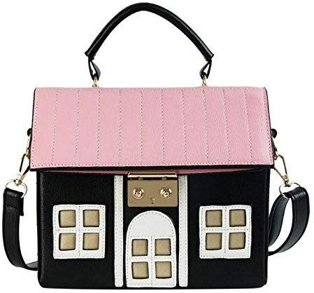 OneMoreT - Borsa da donna a forma di casa in pelle ecologica in poliuretano, con manico e tracolla, stile casual, Nero