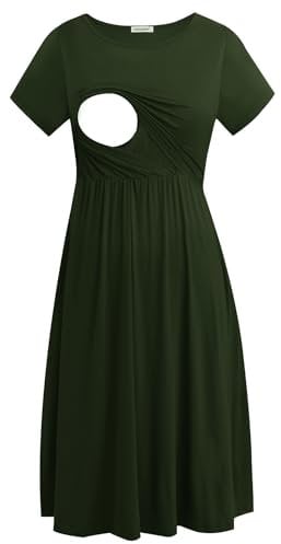 Smallshow Damen Lässiges Kurzarm Stillkleid Umstandskleid für Stillen Army Green Medium