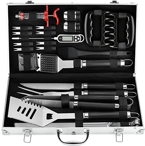 POLIGO 26Pcs Exclusive BBQ Grill Accessories in Aluminum Case for Birthday Fathers Day Grilling Gift - Grill Utensils Set with Barbecue Claws, Meat Injector, Thermometer for Smoker, Camping BBQ Black