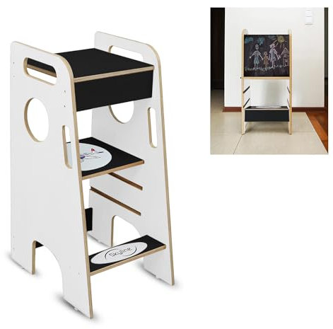 Skyline Steh und Lernturm Baby ab 1 Jahr Montessori Learning Tower Höhenverstellbar Tritthocker Kinder Indoor Möbel Kinderzimmer Trittschemel Kitchen Helper Hochstuhl mit Tafel Board (Weiß/Schwarz)